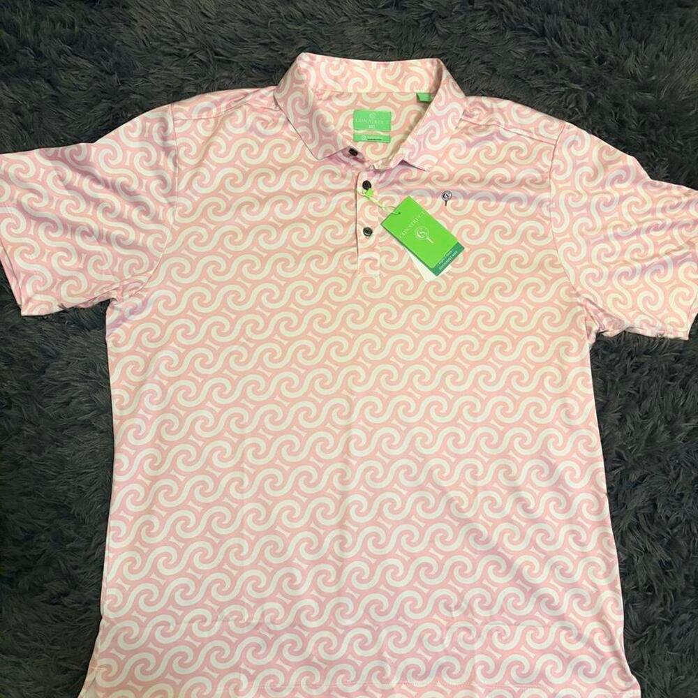 Pink polo shirt with white swirls, size XXL